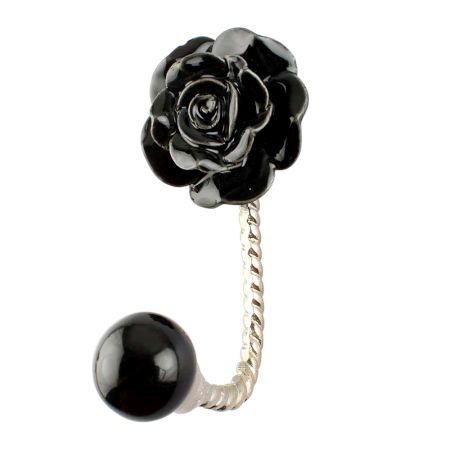 Black Rose Ceramic Iron Wall Hook in Silver Fitting 